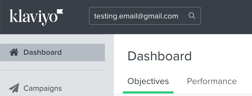 Klaviyo dashboard met e-mailadres in zoekbalk