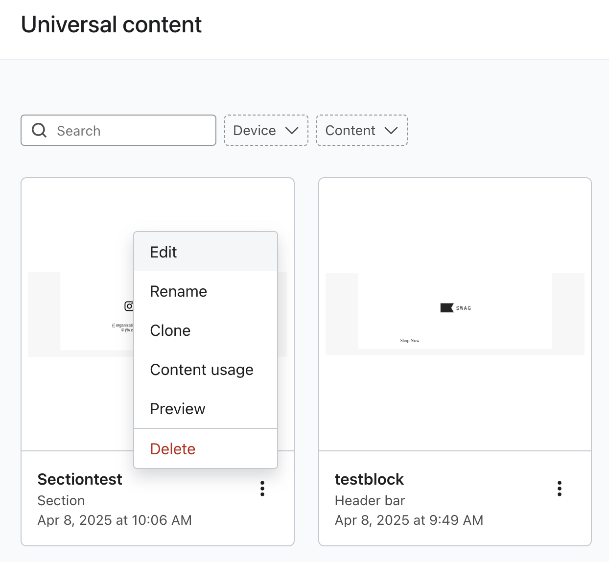 Een blok universele inhoud op de pagina universele inhoud in Klaviyo met het menu Extra opties open.
