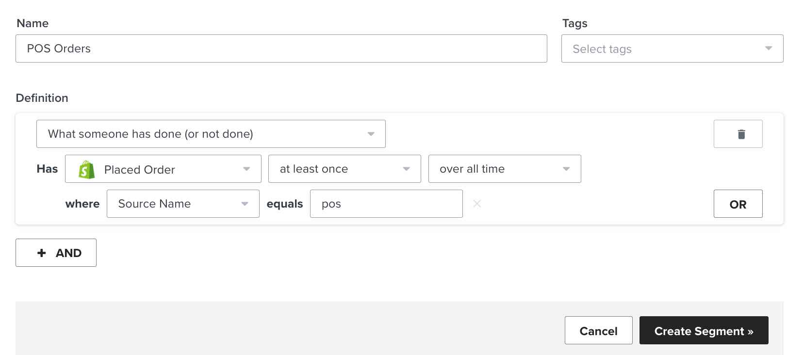 Klaviyo segment builder met segment genaamd POS Orders, segment Creëer met zwarte achtergrond en Annuleer met witte achtergrond