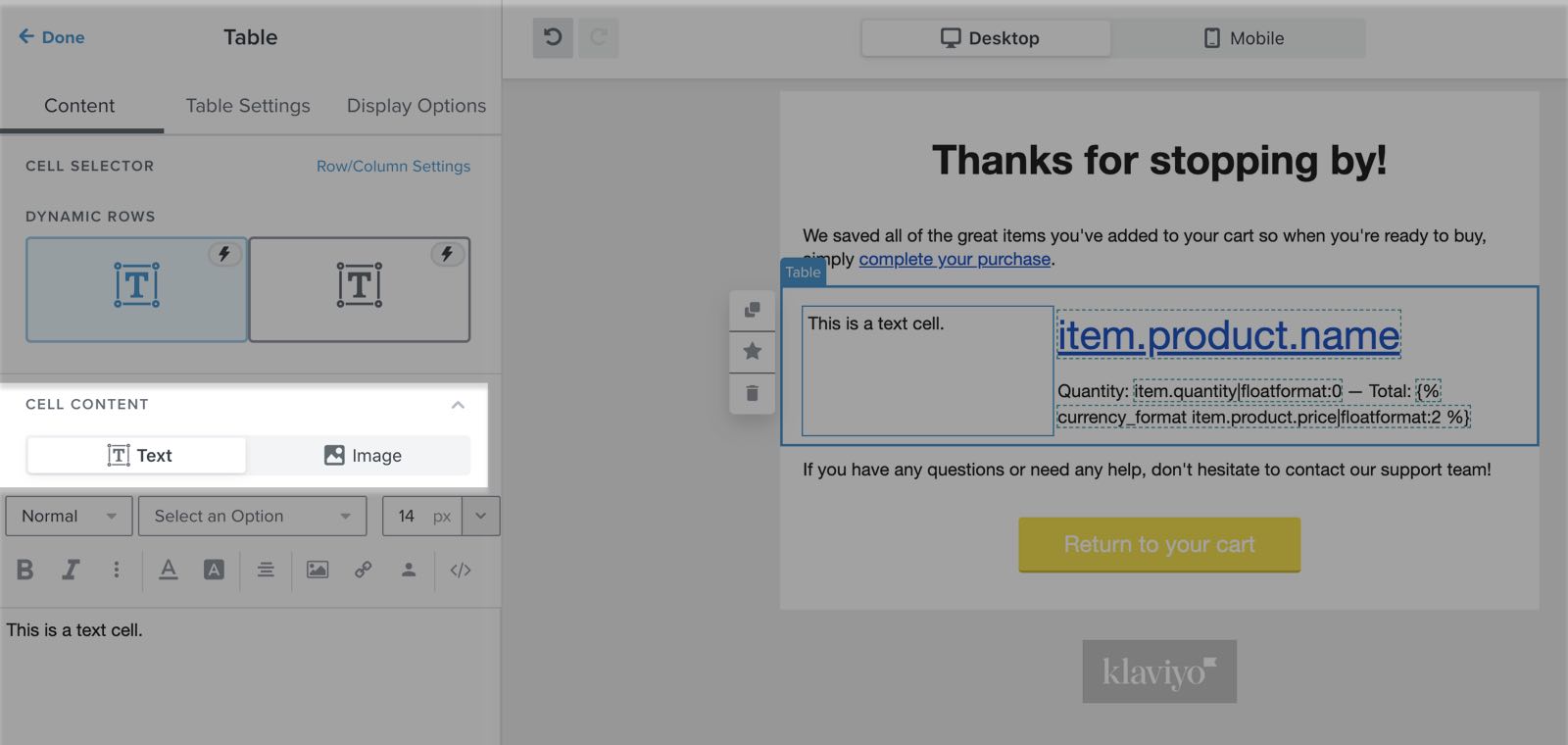 Voorbeeld van een dynamische tabelblok configuratie in de e-mailtemplate editor.