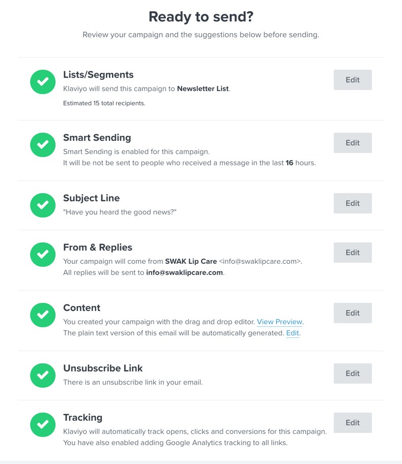 campagne verzendscherm dat laat zien dat er een afmeldingslink is gedetecteerd