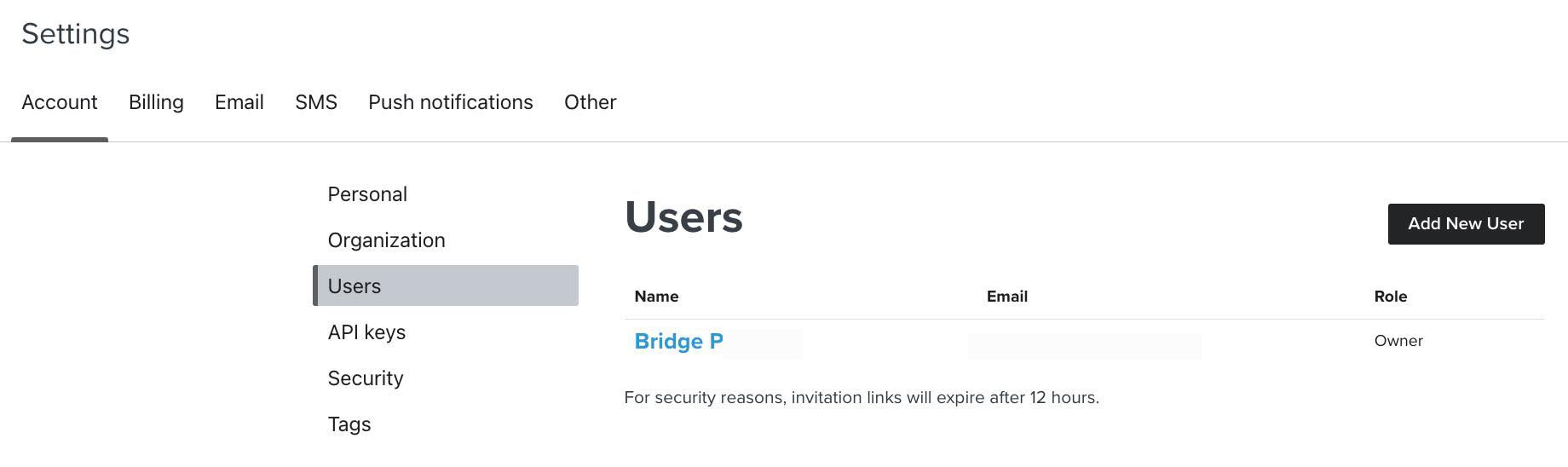 Gebruikers tab in account instellingen