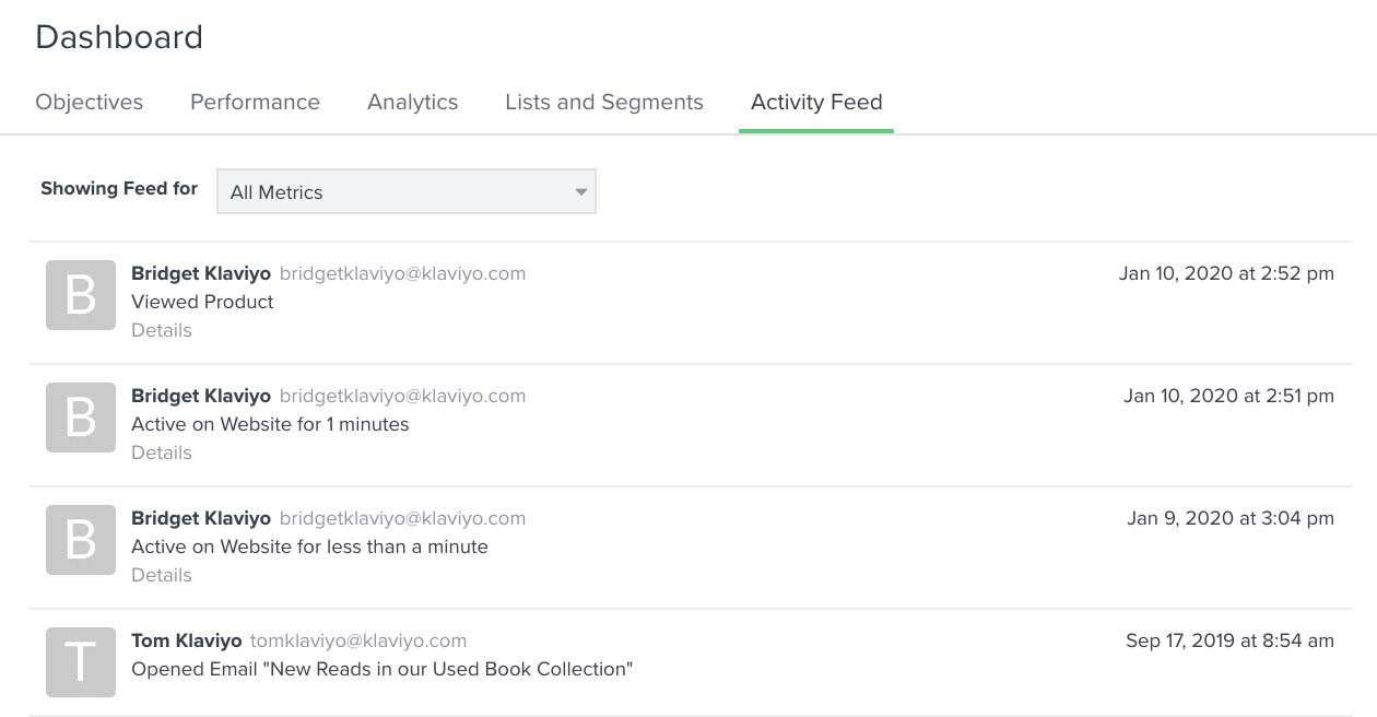 Weergave van de activity feed-pagina met gebruikersinformatie en tijdstempels hieronder