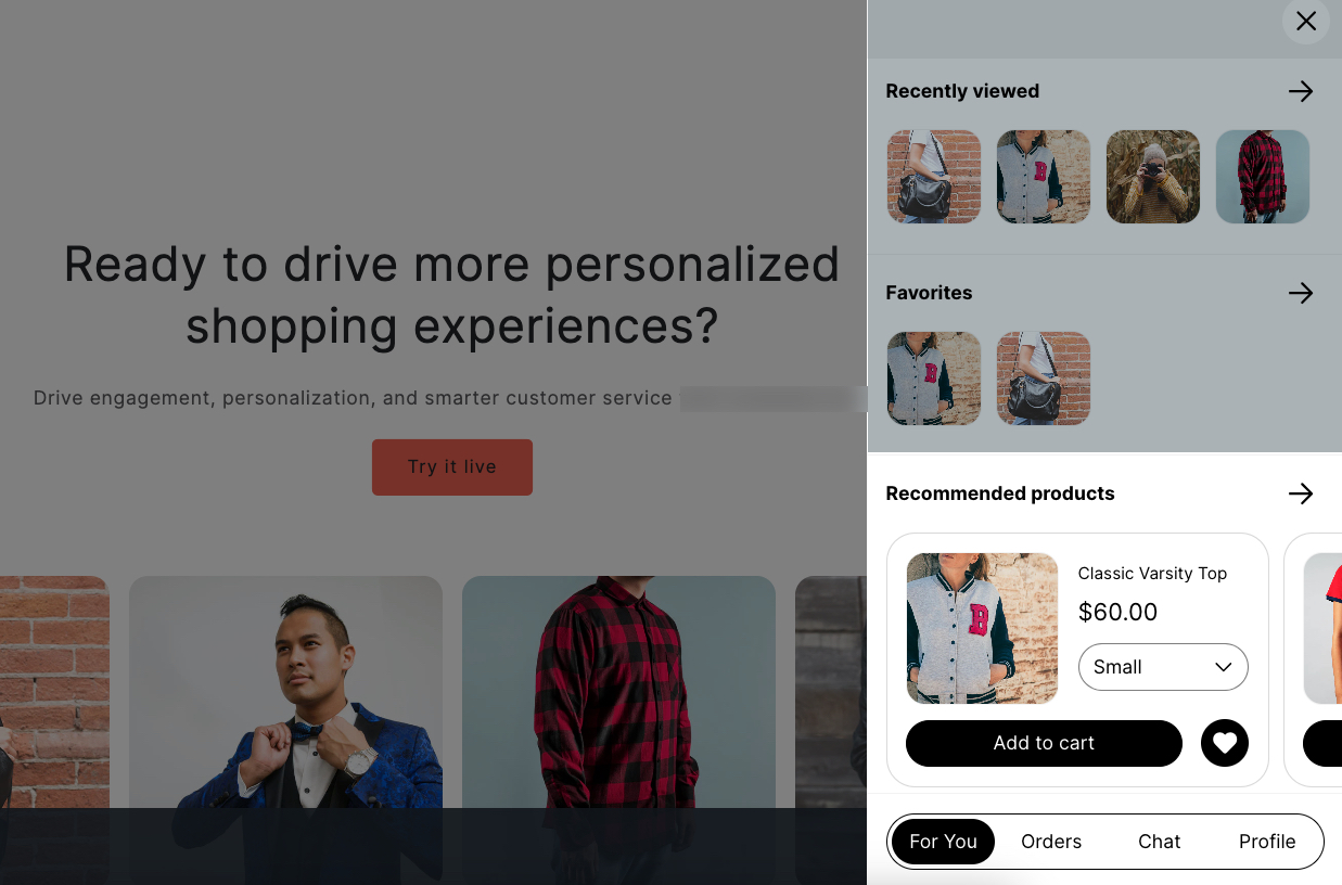 Een geopende Klaviyo Customer Hub-lade op de website van een voorbeeldmerk toont de sectie Aanbevolen producten gemarkeerd.