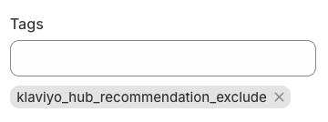 Het tagveld in Shopify met de klaviyo_hub_aanbeveling_uitsluiten tag toegevoegd.