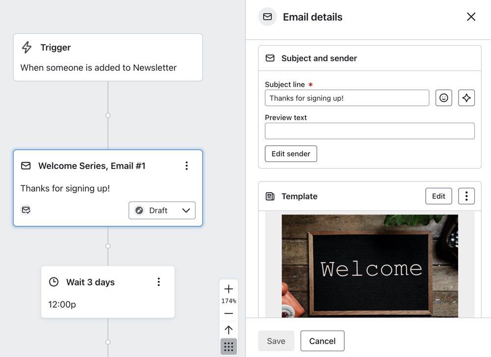 Bewerk buttom te vinden in de linker zijbalk van de flow builder als je op een bericht klikt.
