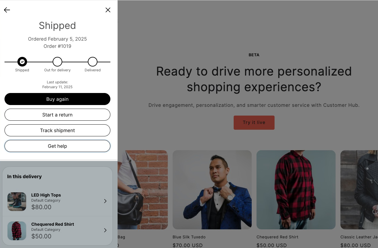 De Klaviyo Customer Hub-lade is geopend op een voorbeeldsite en toont een detailweergave van een bestelling met de knop Hulp verkrijgen zichtbaar.