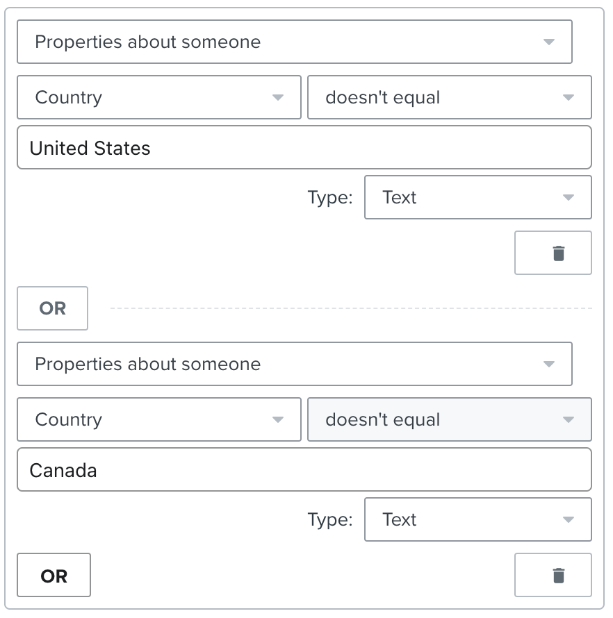 Onjuiste instelling van een flow trigger waarbij Country niet gelijk is aan US of Canada, met behulp van de OR-connector