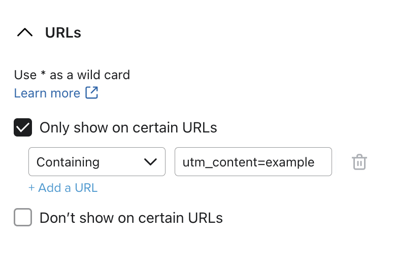 Het gedeelte URL's van het menu Targeting in de formuliereditor toont de targeting-instellingen van een voorbeeldformulier die zijn ingesteld op Niet tonen op een bepaalde URL met een UTM-parameter voor voorbeeldinhoud.
