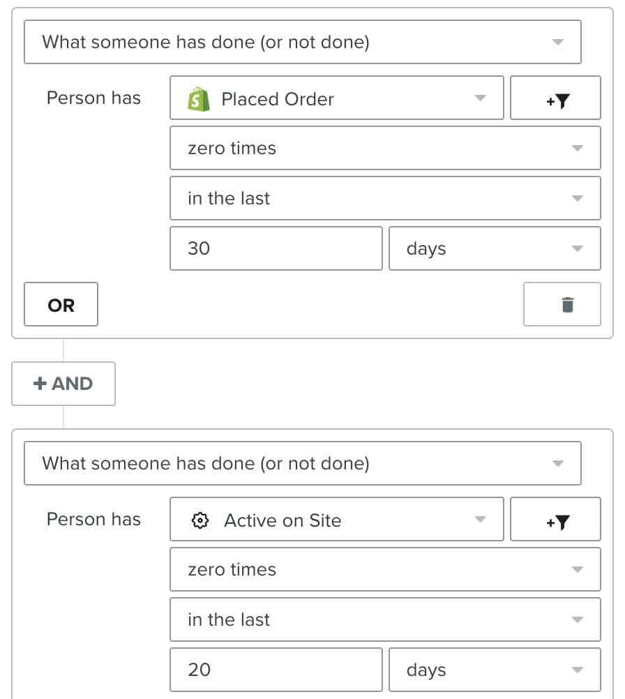 Voorbeeld flow waarbij iemand sinds het invoeren van de flow geen bestelling mag hebben geplaatst en de afgelopen 20 dagen niet actief is geweest op je site.