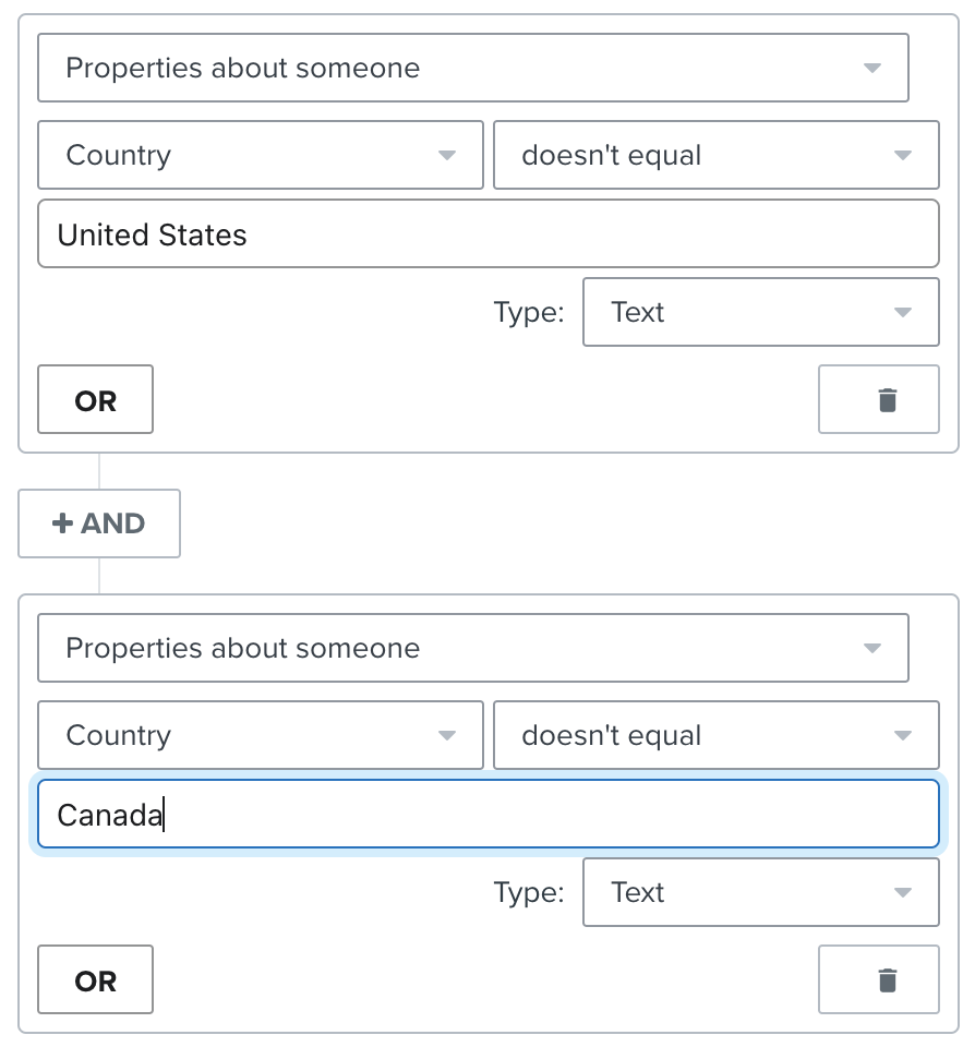 Correcte instelling van een flow trigger waarbij Country niet gelijk is aan VS of Canada, met behulp van de AND-connector