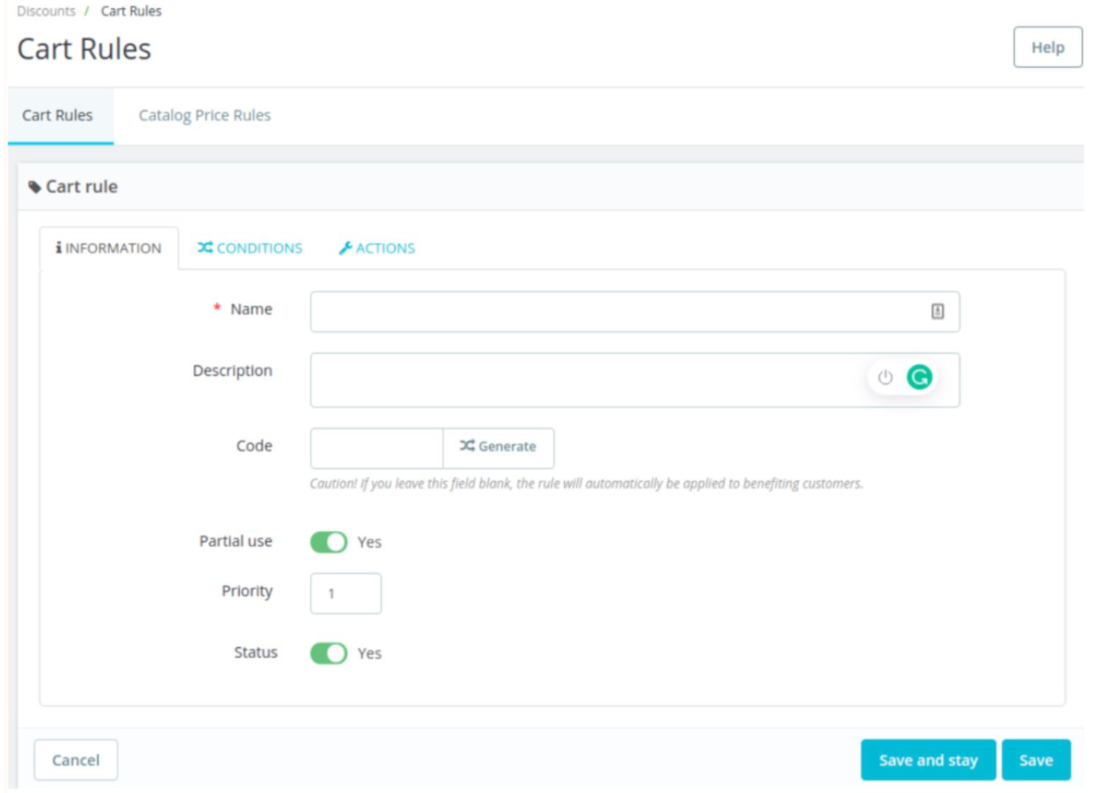 Instelpagina voor winkelwagenregels in PrestaShop