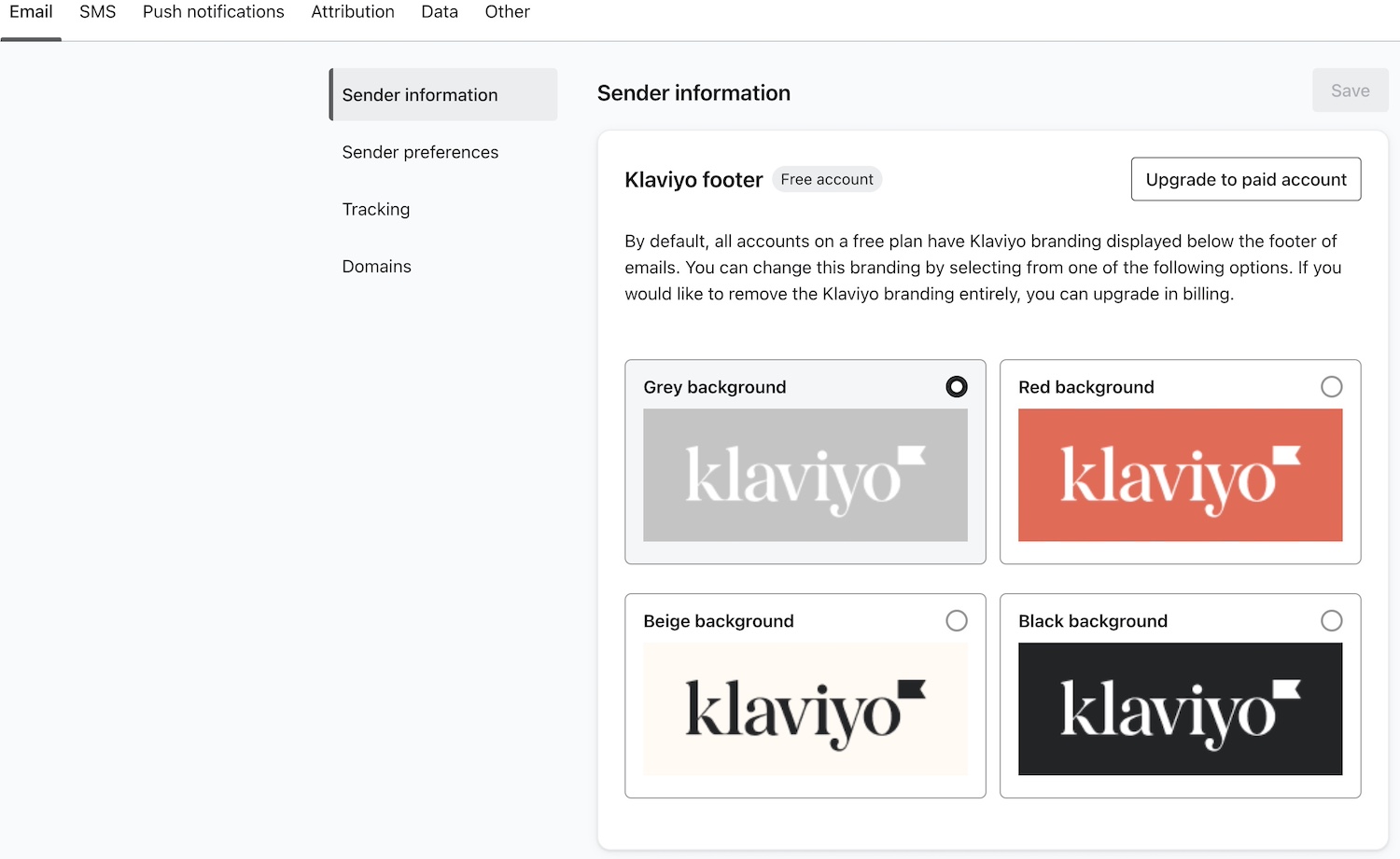 Opties voor afzenderinformatie om te kiezen uit Klaviyo standaard of je eigen branding in e-mail