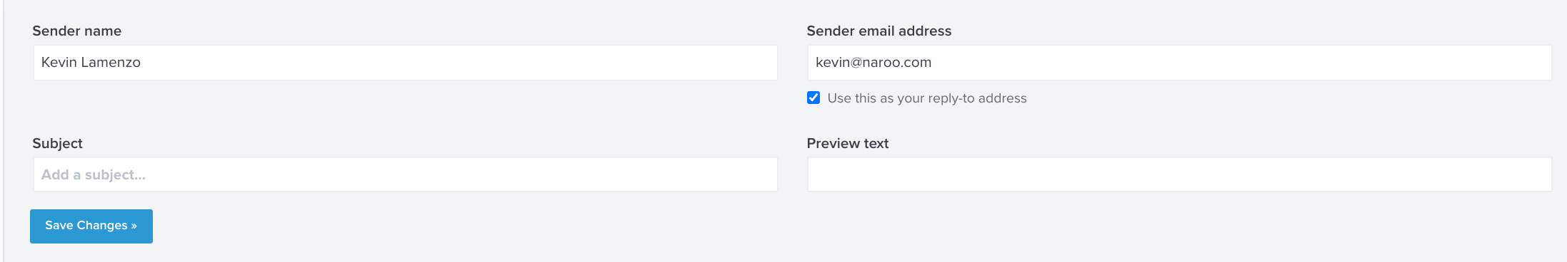 Weergave van wanneer je voor het eerst Aanmelden voor Klaviyo met je standaard afzender e-mail naam en adres velden.