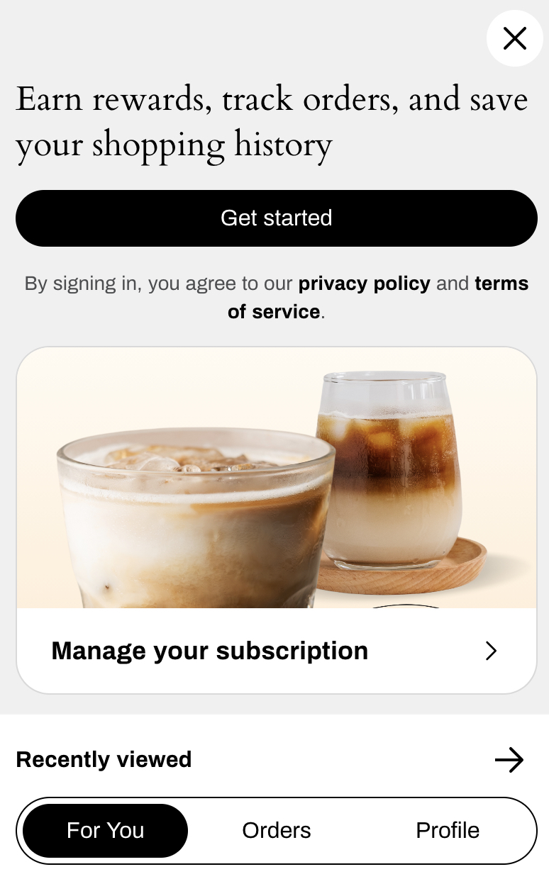 De Voor jou tabweergave in Klaviyo Customer Hub toont de belangrijkste call-to-action voor een shopper die zich niet heeft aangemeld bij een account.
