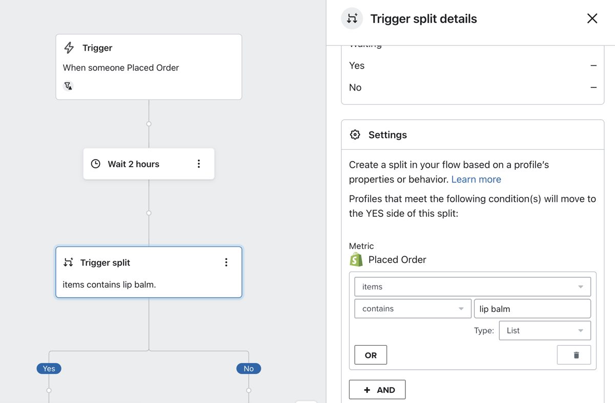 Trigger splitsing met configuratie 'Items bevat lippenbalsem' voor de eerste e-mail