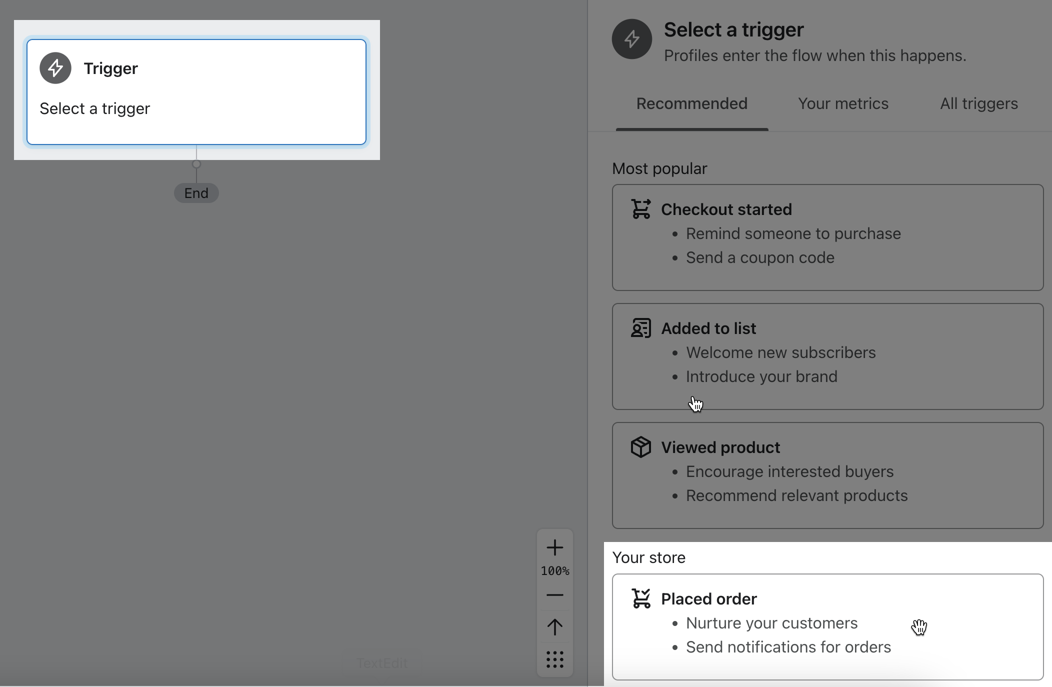 flow builder waar je de triggergebeurtenis kunt kiezen