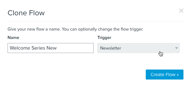 klonen flow modal met een tekstvak om de naam flow te bewerken en een dropdown die kan worden gebruikt om de trigger te wijzigen