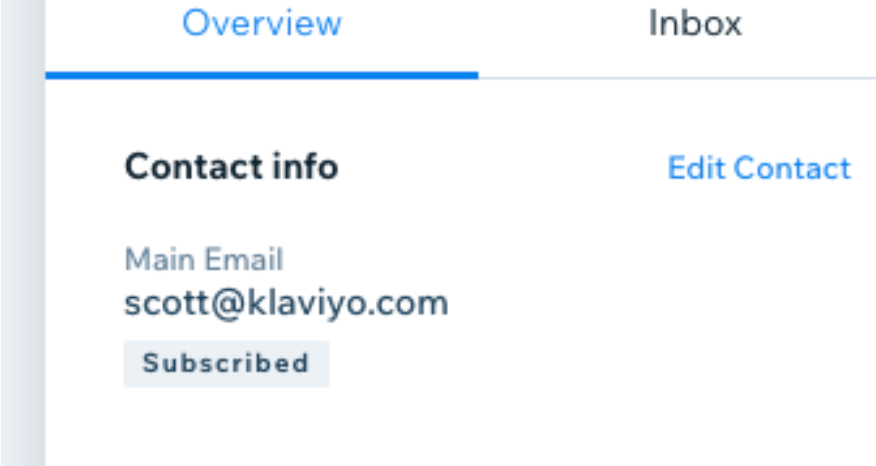 Een contactpersoon in Wix met e-mailadres en aanmelden tag