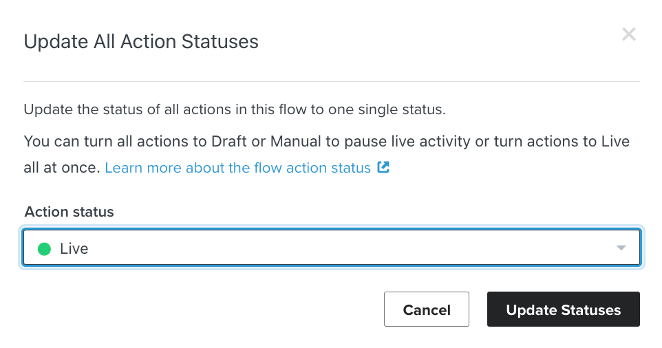 Modal naar update alle actiestatussen van flow als Live is geselecteerd