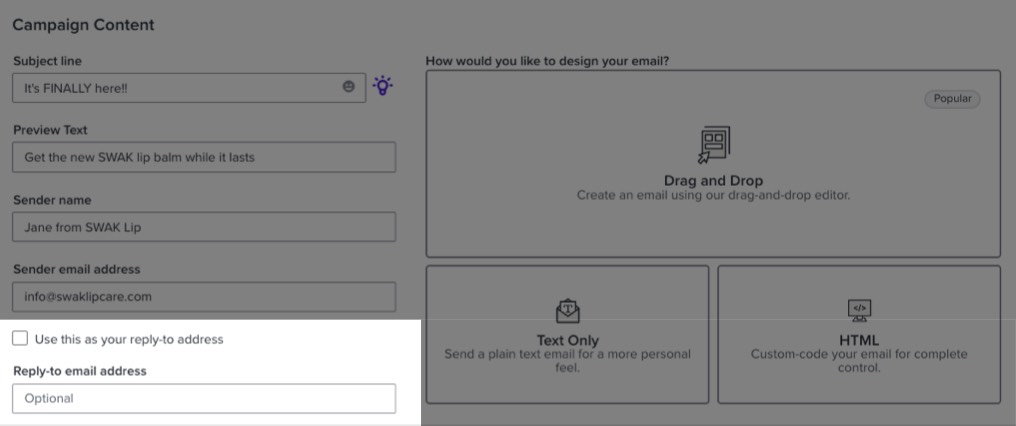 Schakel het selectievakje in waarmee je een ander reply-to adres kunt instellen voor campagne of flow e-mail.