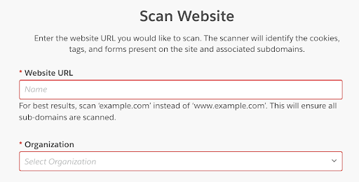 Scan website modal met velden om website URL en Organization informatie in te vullen