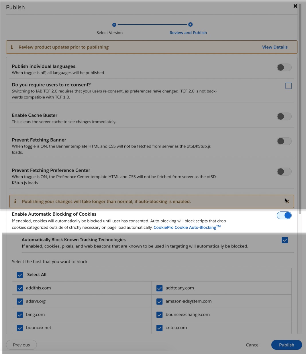 In het scherm Controleren en publiceren wordt een gemarkeerd gebied weergegeven om Automatisch blokkeren van cookies in te schakelen.