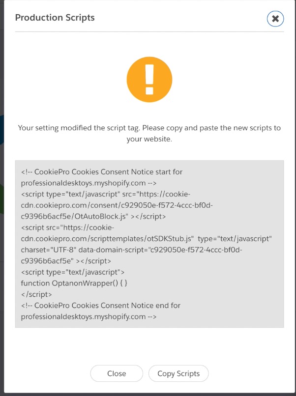 Een pop-upvenster met je productiescripts om te kopiëren en op je website te plakken