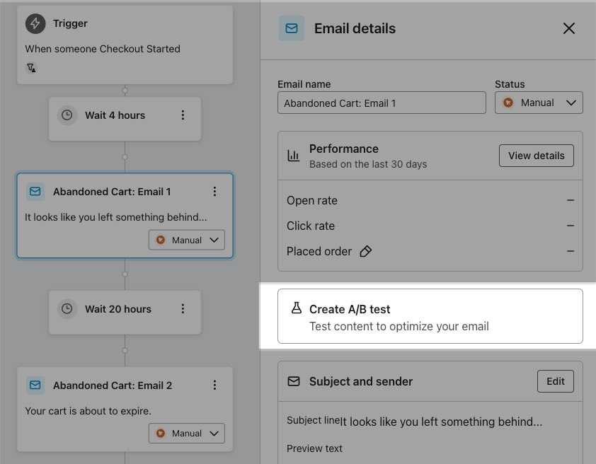 In de flow builder verschijnt de optie 'A/B-test maken' in de zijbalk als je op een bericht klikt.