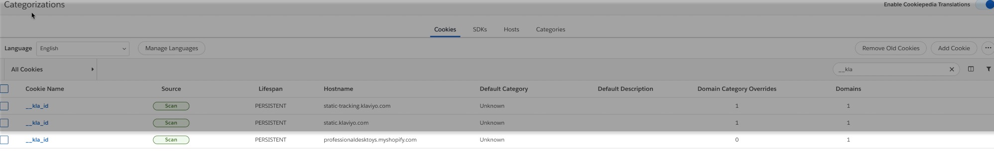 Op de categorisatiepagina wordt je __kla_id cookie gemarkeerd in een lijstweergave