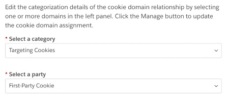 Op het tabblad Categorisatie verschijnt een modal met dropdowns voor het selecteren van een categorie cookie en cookie partij.