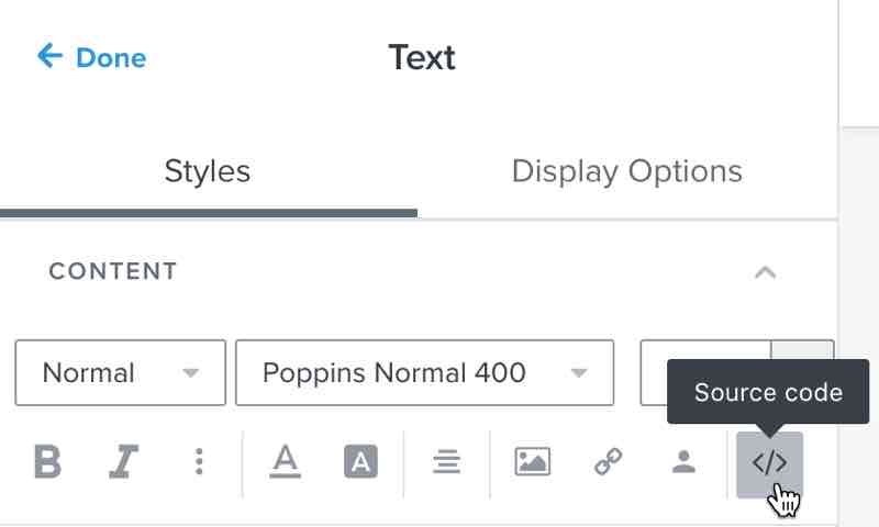 De broncodeknop in Klaviyo's e-mailtemplate editor