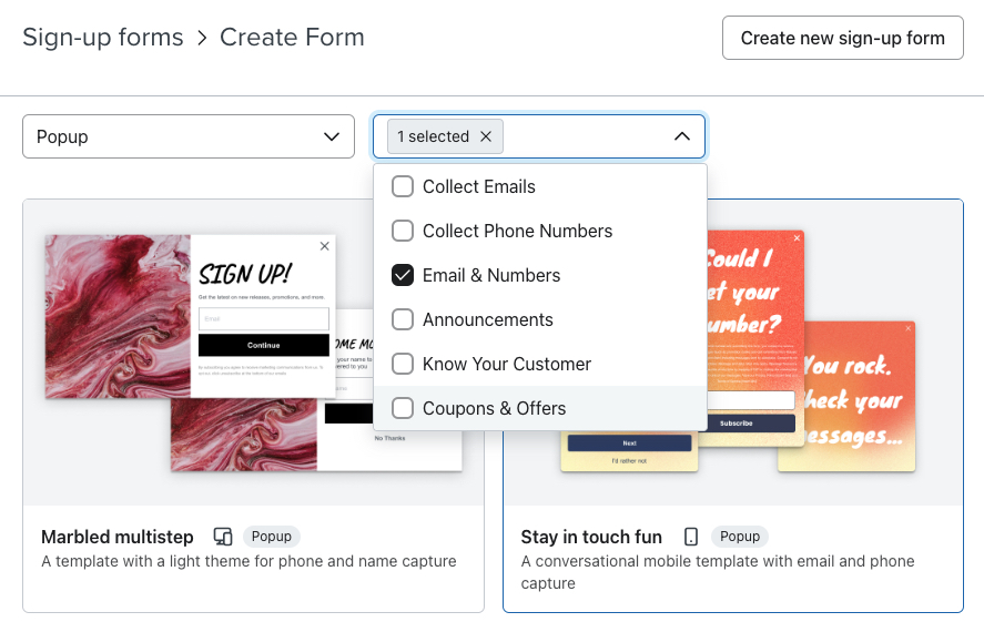 De filteropties bovenaan de formulierbibliotheek instellen om kant-en-klare sjablonen te tonen die Email en Getallen verzamelen.