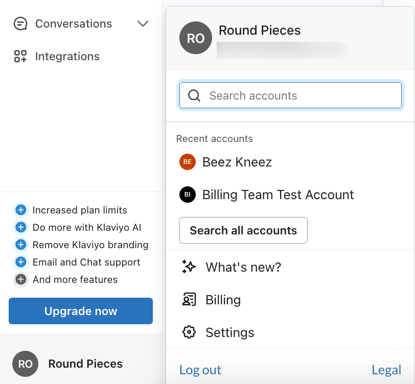 account dropdown, waar je instellingen kunt openen of andere verbonden accounts kunt vinden