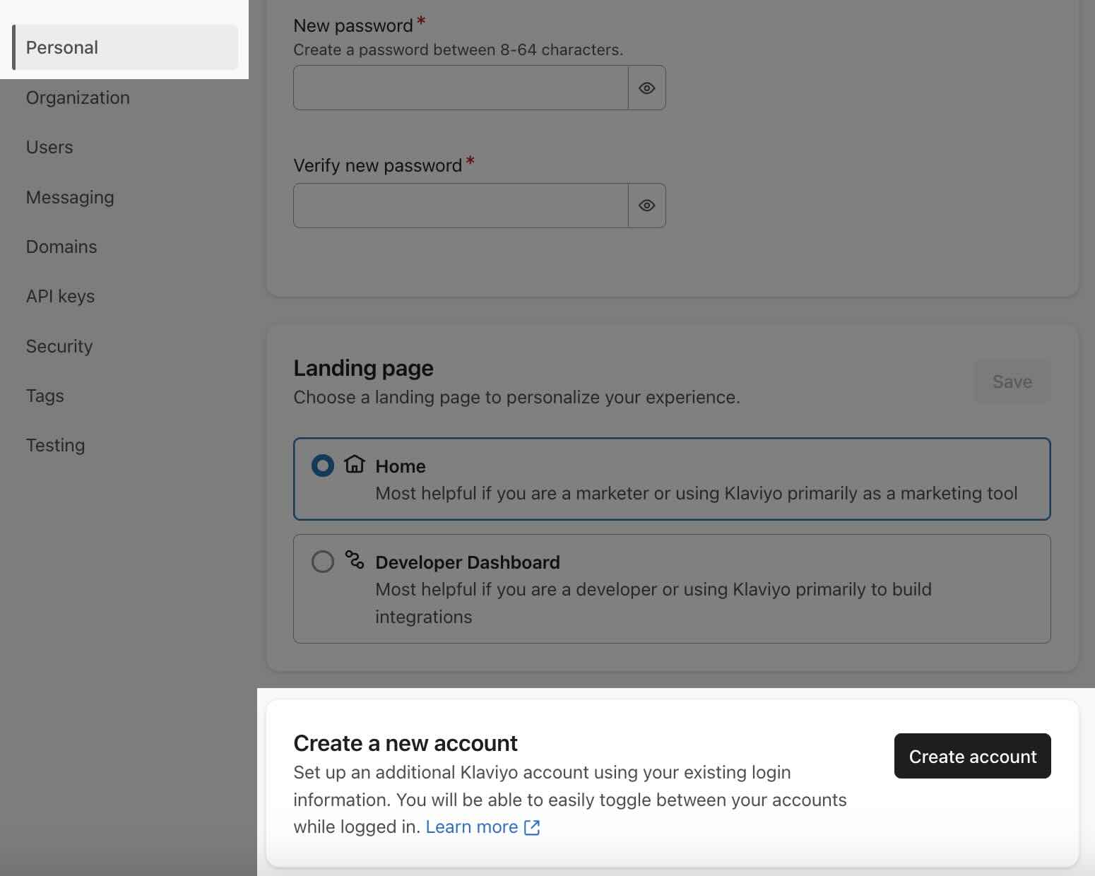Het tabblad Persoonlijk waar het gedeelte Een nieuw account maken is gemarkeerd