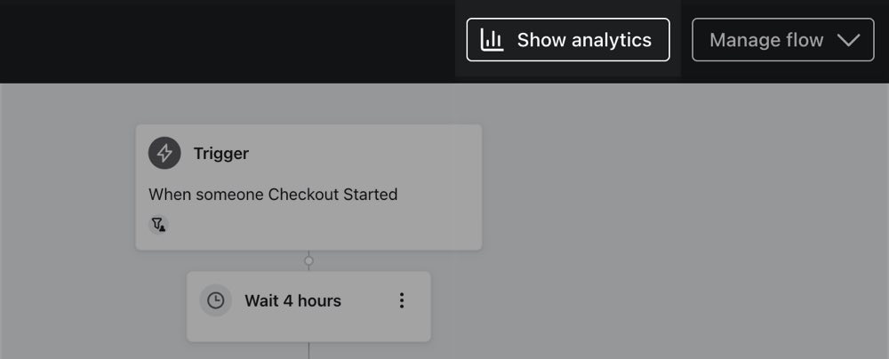 Toon analyses knop in de rechterbovenhoek van de flow editor