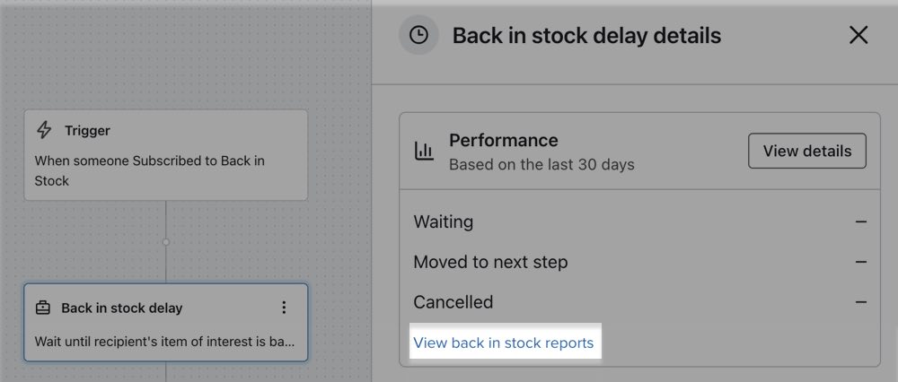 Linkerzijbalk binnen een weer op voorraad vertragingscomponent, met de cursor zwevend over de link voor Weer op voorraad Productaanvraagrapport bekijken