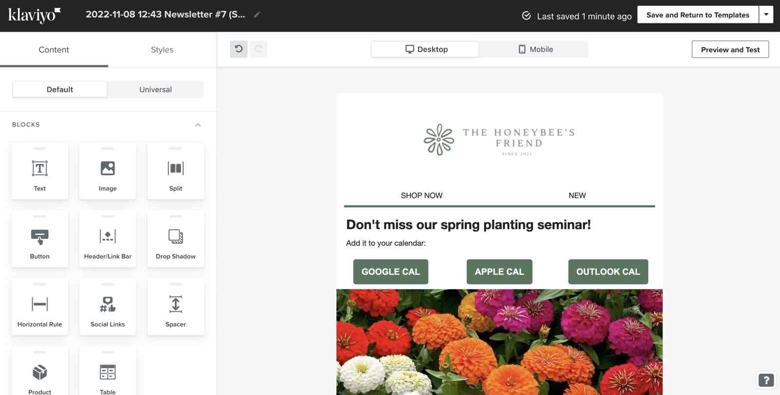 Een Klaviyo e-mailtemplate met button blok kalender links