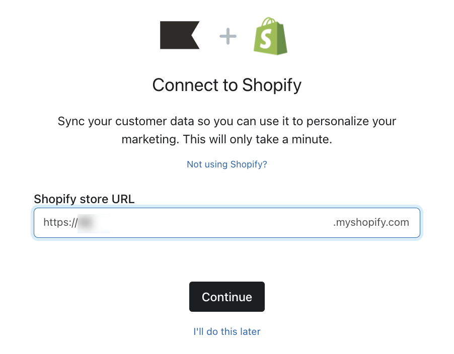 Voorbeeld van de Shopify integratiepagina die je vraagt om je zaak URL in te vullen in het onderstaande veld