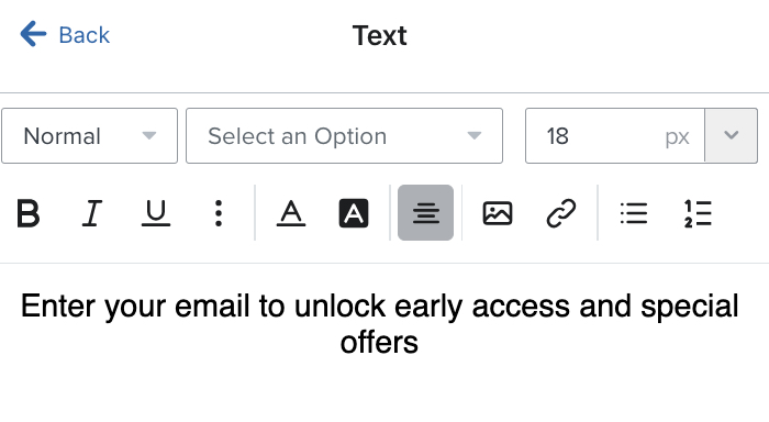 Het Tekstmenu dat verschijnt als je tekst selecteert in het voorbeeld van het formulier in de formuliereditor.