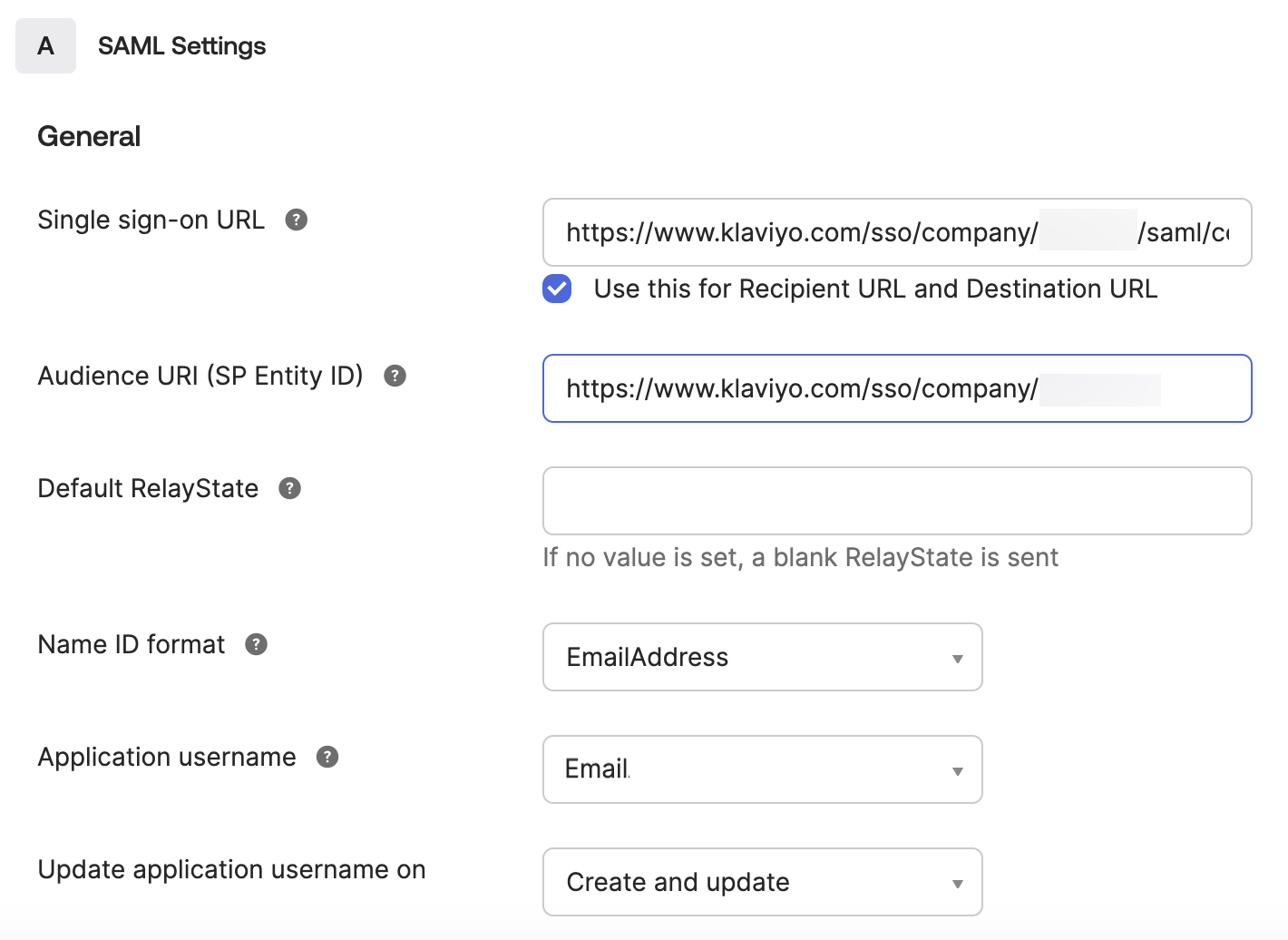 SAML-configuratie-instellingen voor de Klaviyo integraties