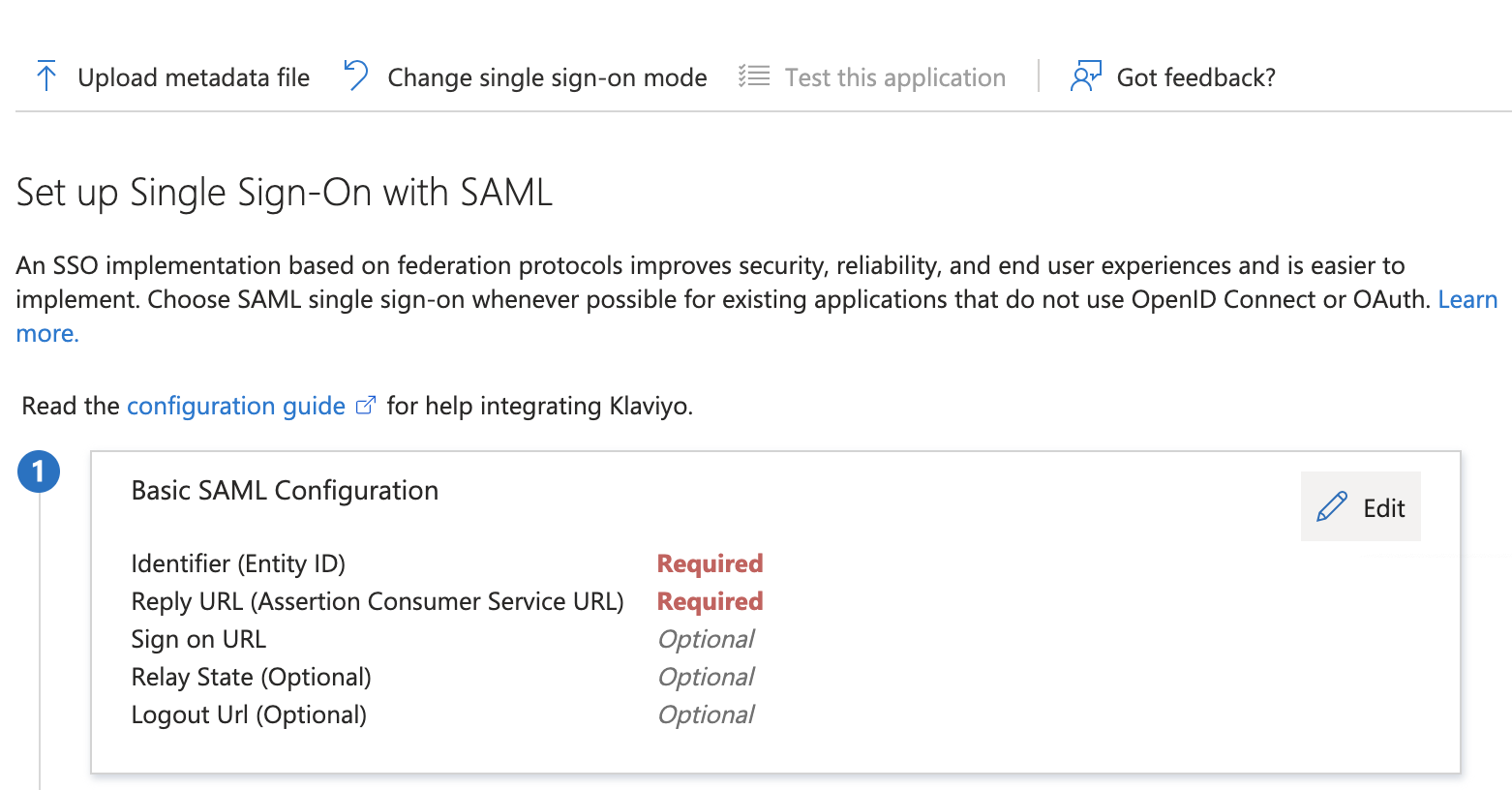 Basis SAML-configuratievak, stap 1 op de pagina voor eenmalige aanmelding