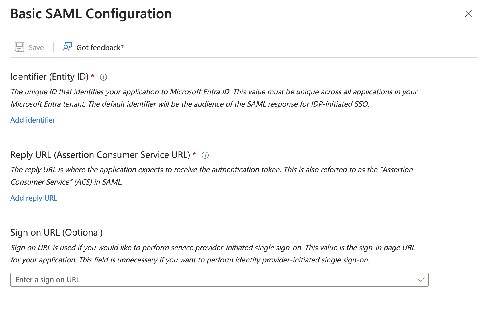 Zijbalk om SAML te configureren voor de SSO van een applicatie