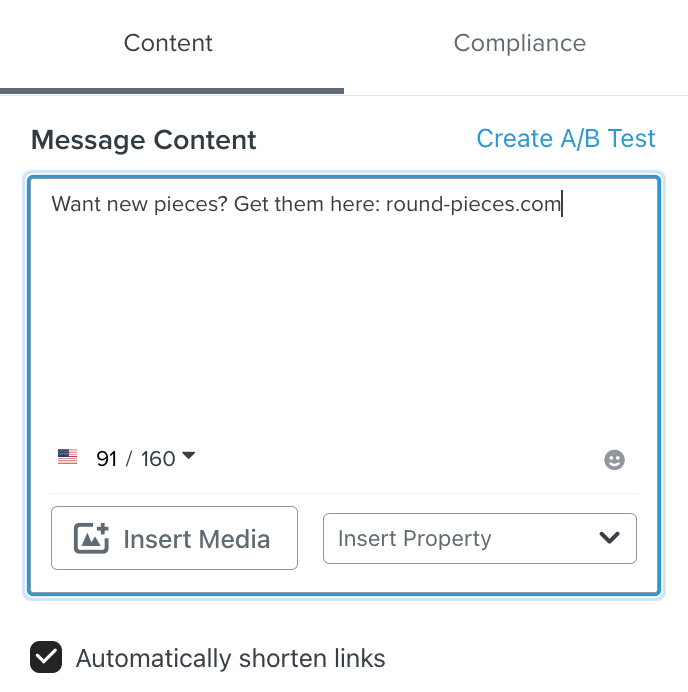 Scherm voor het maken van berichten, met de optie A/B-test