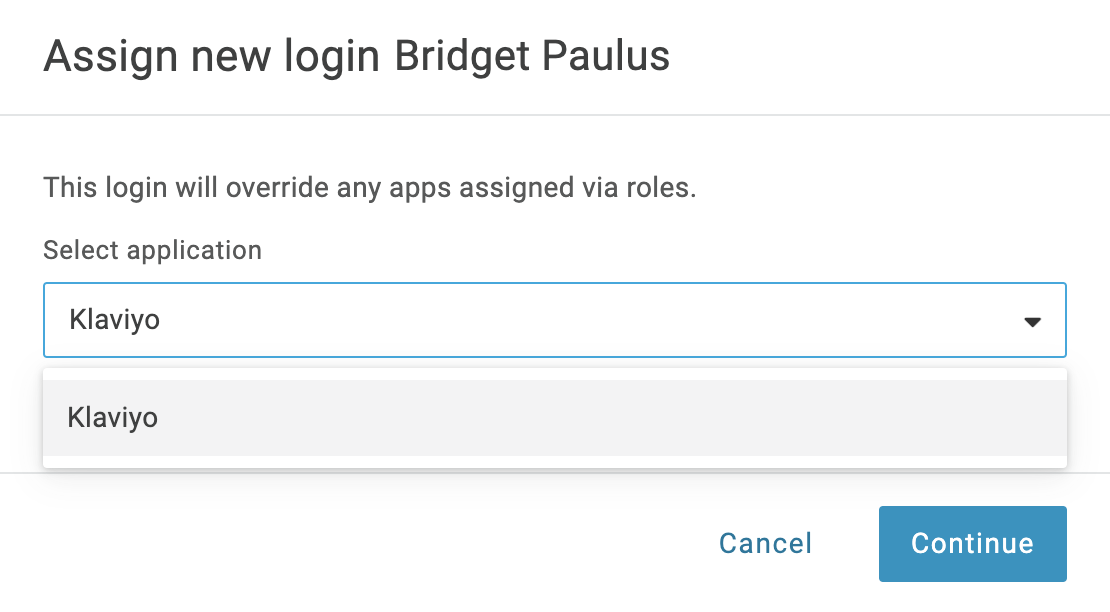 Klaviyo selecteren als applicatie voor een gebruiker