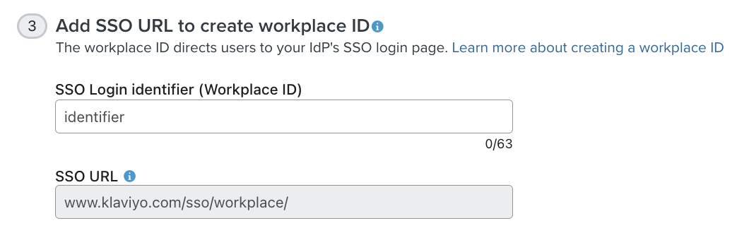Derde stap van de SSO-configuratiepagina, waar je je werkplek-ID toevoegt