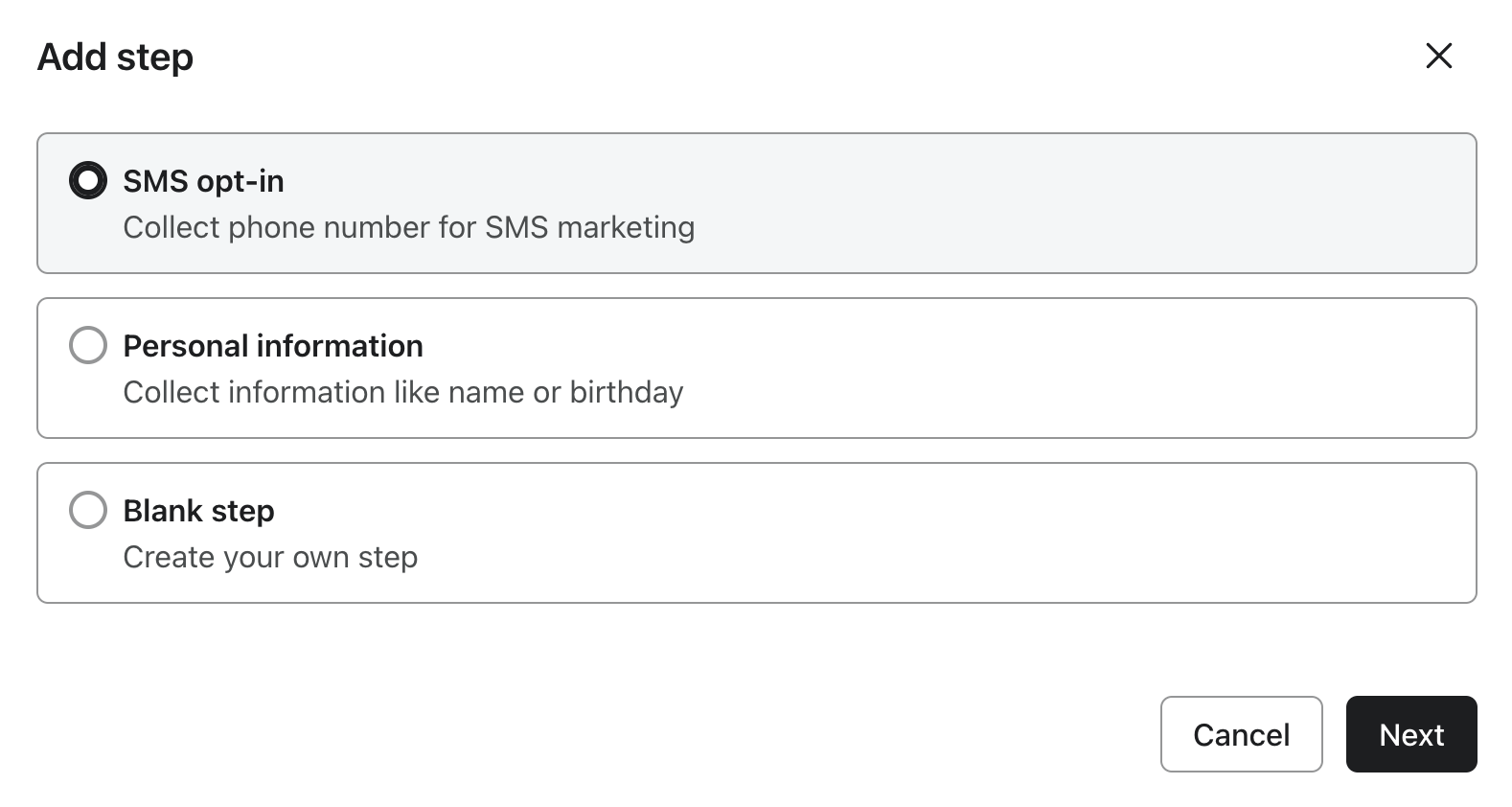 Modal waarin de optie wordt getoond om een stap toe te voegen om toestemming voor sms te verzamelen
