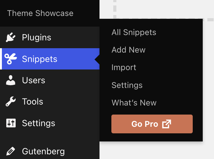 De Snippets optie in de Wordpress zijbalk