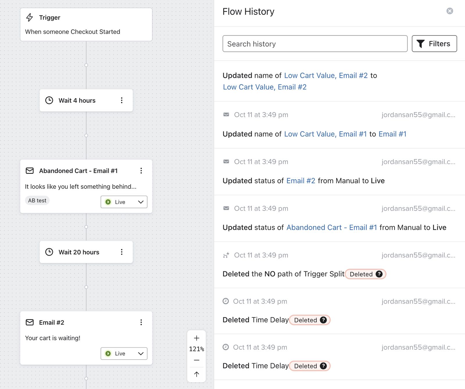 flow changelog met gemarkeerde flow component en zijn instellingen.