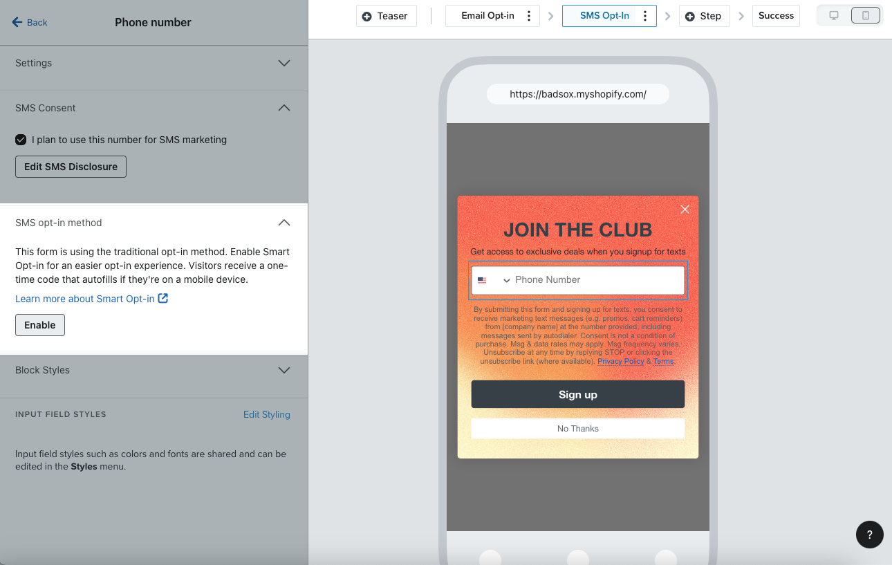 Het menu Telefoonnummer in de formuliereditor met het gedeelte Opt-in methode voor sms gemarkeerd.